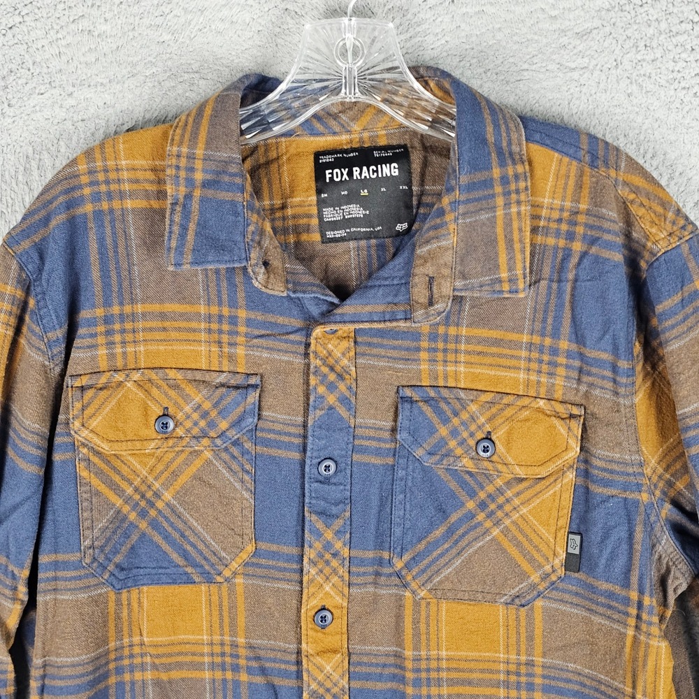 Fox Racing Flannel Shirt Mens LG Blue Yellow Plaid Long Sleeve Button Down 28857